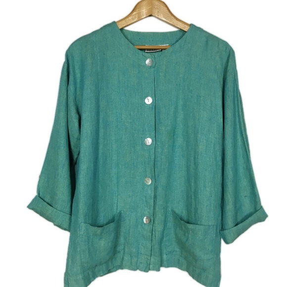 Teal Linen Button Up Jacket by Chico’s Design Sz 1 - Picture 4 of 8